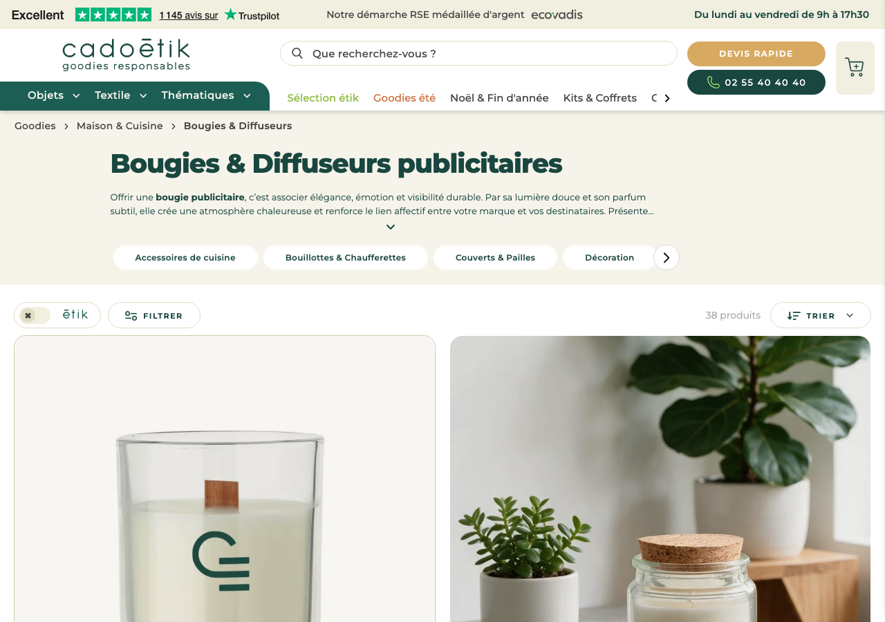 Capture d'écran du site Cadoétik, catalogue de bougies et bougeoirs publicitaires