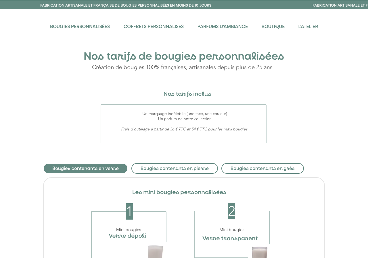 Capture d'écran du site La Bougie Blanche, page bougies personnalisées entreprise